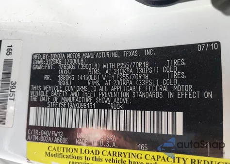 2010 Toyota Tundra Grade 5.7L V8 from USA, damaged, VIN 5TFEY5F19AX098191